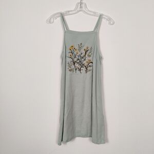 Simons Vision Women's Tank Top Denim Dress in Green Floral Embroidery Size Small